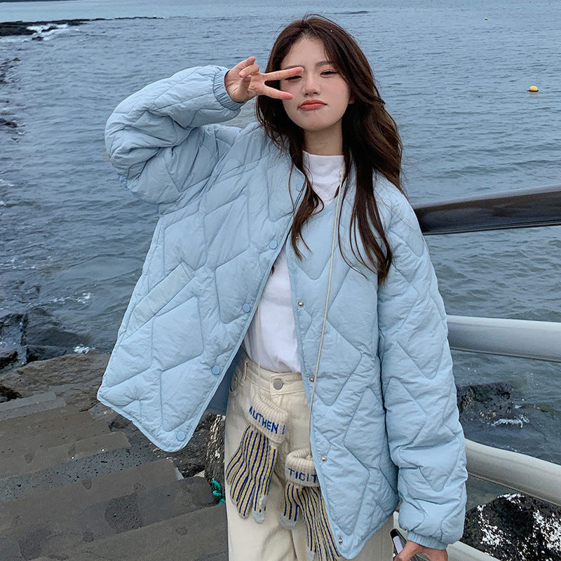 Korean Style Down Cotton Jacket Women's Short Light Round Neck