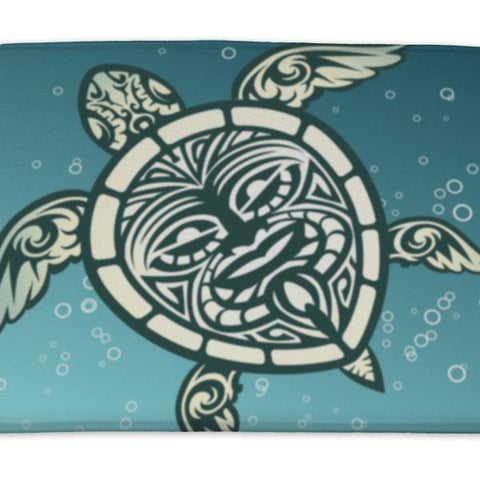 Bath Mat, Swimming Sea Turtle With Polynesian Tribal Pattern