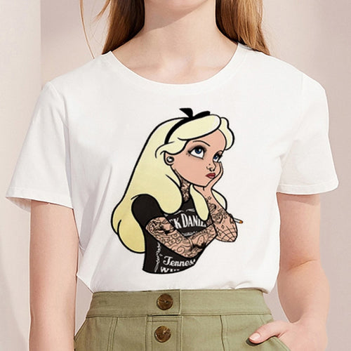 2019 New Fashion T shirt Women Tattoo Princess printed Harajuku Tshirt O-neck Short Sleeve T-shirt White Tops Female Clothing