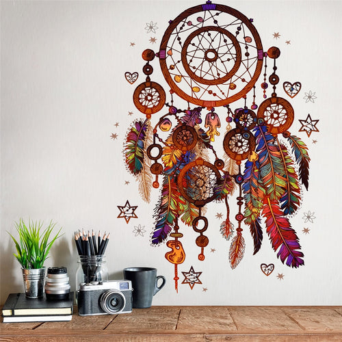 National Colorful Dreamcatcher Wall Sticker Enamoured Feather Ornament Dream Catcher Wind Chime Decal Bedroom Home Decoration