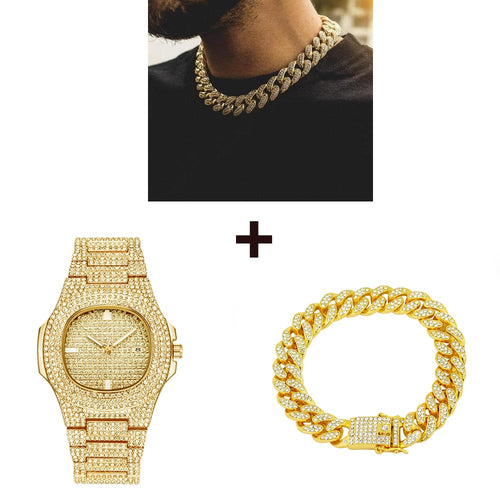 Gold Watch+ Necklace+ Bracelet Hip Hop Miami Curb Cuban Chain Bling Iced Out Paved Rhinestones CZ Rapper For Men Jewelry Set