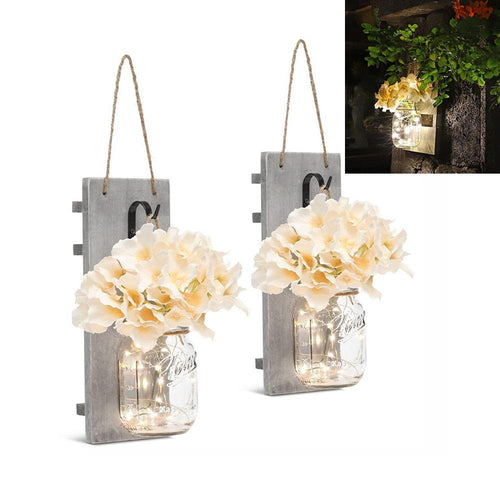 Rustic Mason Jar Sconces Wall Lights Flower Lights with Wood Boards 20 LED Lamp Beads, Black Hooks, for Home Garden Decoration