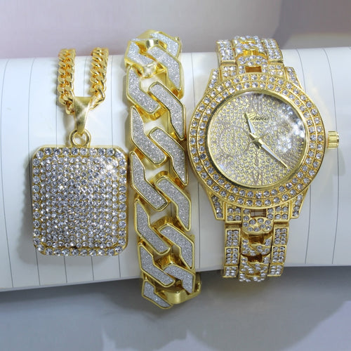 Ice out men's hip hop gold CZ watch & full ice necklace and bracelet combination set Jewelry gifts