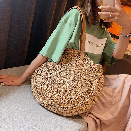 Casual Rattan Women Shoulder Bags Circle Straw Handbags Big Capacity Handmae Summer Totes Lady Round Boho Beach Treval Sac#35