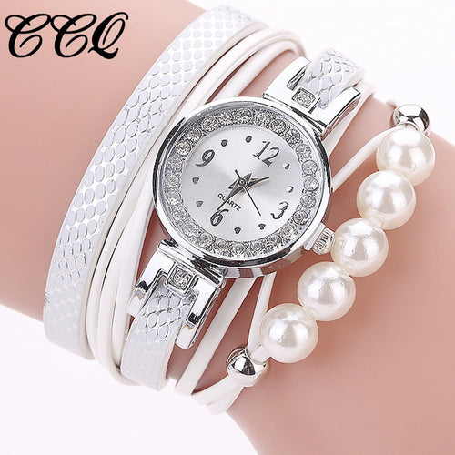 CCQ Fashion Ladies Watch Bracelet Jewelry Silver Charm Pearls Wrist Quartz WristWatch Womens Luxury Clock montre femme L58