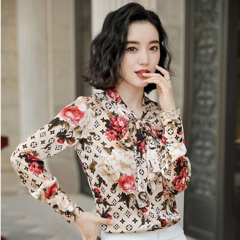 Fashion Floral Ladies Elegant Blouses & Shirts Long Sleeve OL Styles for Women Business Work Wear Tops Clothes With Bow Tie