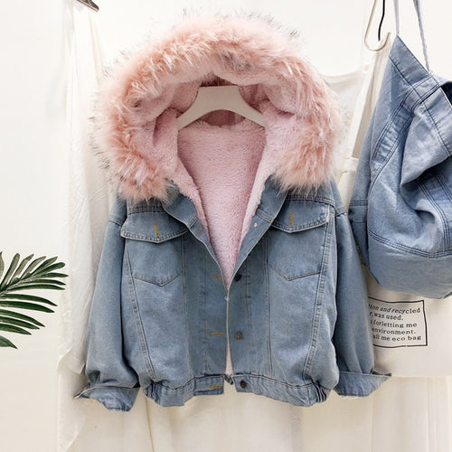 2019 winter velvet thick denim jacket female big fur collar Korean locomotive lamb coat female student short coat