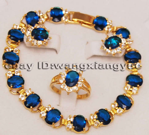 Jewelry Blue Zircon Inlay Link 14K GP Bracelet earrings Ring Set AAA>>18K gold plated watch wholesale Quartz stone CZ crystal
