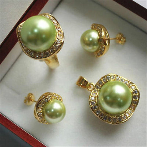 free shipping>>> Wedding Jewelry 10mm &14mm Green Necklace Earrings Ring Set>>GP Plated gold Bridal wide watch wings queen J