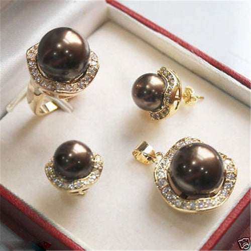 Wedding Jewelry 10mm &14mm Coffee Necklace Earrings Ring Set>^^>18K gold plated watch Quartz stone CZ crystal