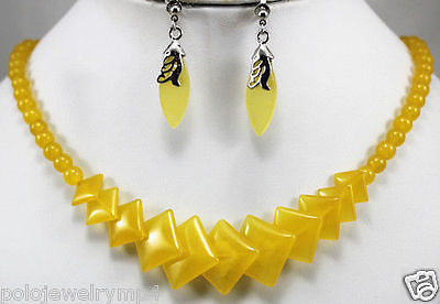 Hot selling> Jewelry Yellow Natural stone Beads And Square Necklace Stud Earrings SetAAA GP  Bridal wide watch wings q -Br
