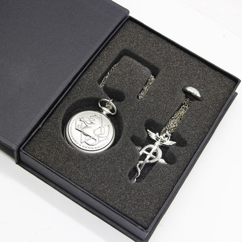 FullMetal Alchemist Quartz Pocket Watch with Necklace Ring Set Men Women Jewelry Set Gifts Box