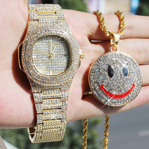 Men Hip Hop Full Iced Out Rapper's Watch & Smiley Face CZ Pendant Necklace Gift Set