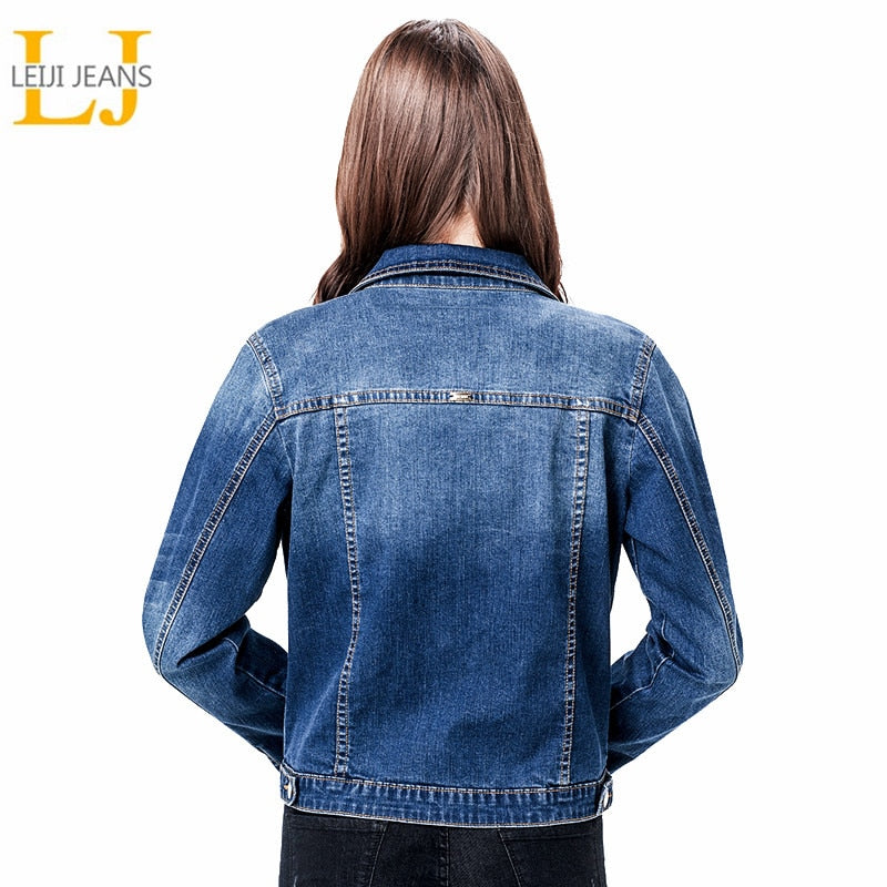 2019 LEIJIJEANS Women Plus Size 6XL long basical jeans jacket coat Bleach Full Sleeves Single Breast Slim Women Denim Jacket