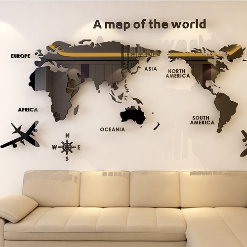 World map Acrylic 3D solid crystal bedroom wall with living room classroom stickers office decoration ideas