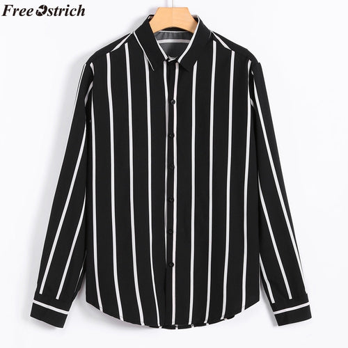 FREE OSTRICH Men's Fashion Black White Stripe Loose Long Sleeve Shirt Lapel Casual Shirt Male Clothing Comfort Top Plus Size