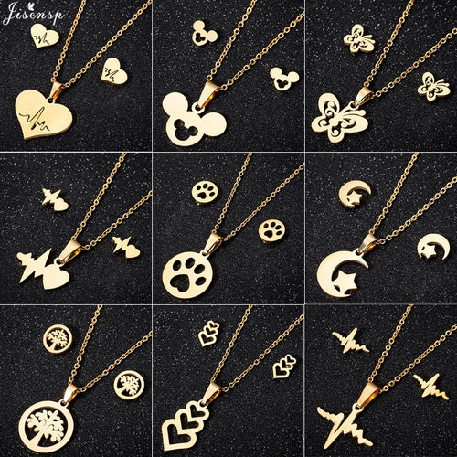 Jisensp Fashion Butterfly Mickey Jewelry Necklace for Women Girls Stainless Steel Cute Heartbeat Necklaces Pendants Accessories